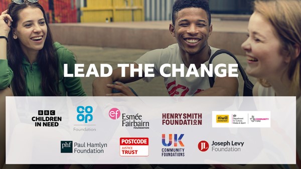 Young people sit chatting. Logos beneath photo of nine national charities