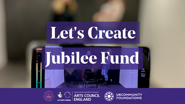 Let's Create Jubilee Fund promotional social media image, with the fund title and logos in the foreground and a blurred camera and people acting in the background.