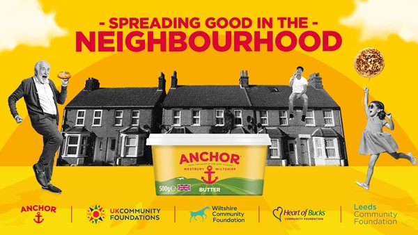 Anchor Community Connection Fund image of rowed houses set against Anchor butter branded colours