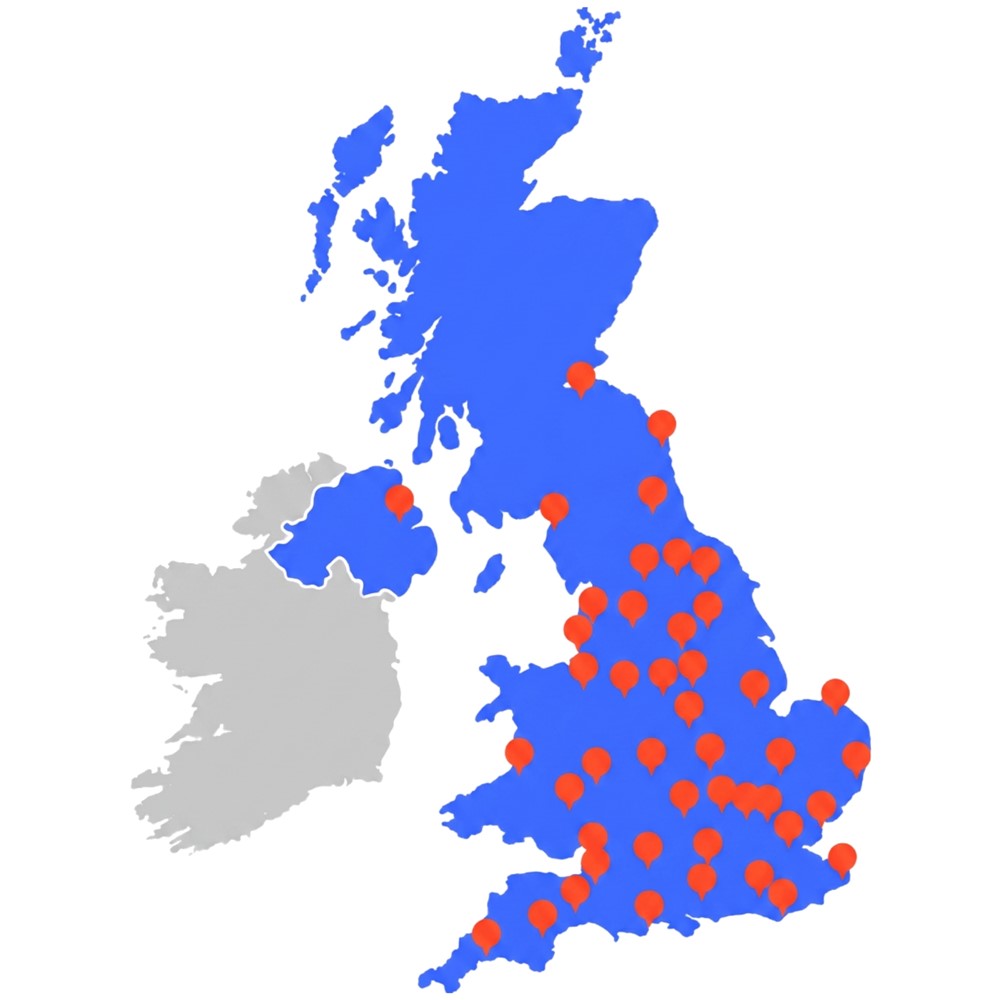 Map of the UK with small arrows pointing to all 47 accredited community foundations