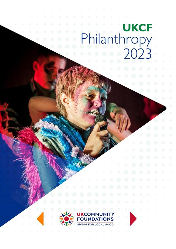 Image of 'Philanthropy 2023' front cover with photo of young child singing on stage above UKCF logo