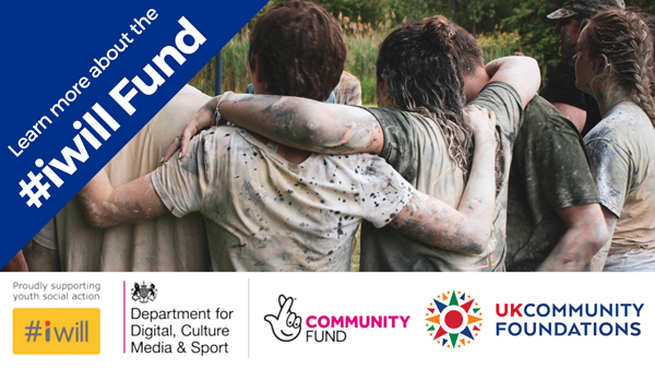 #iwill Fund social media image, showing a photo of a group of young people - their backs to the camera - with arms around each other, side by side. They have taken part in a muddy outdoor activity as part of a team building exercise.