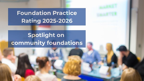 A blurred room full of people watching a presentation. Text on top of the image reads: Foundation Practice Rating 2025-2026. Spotlight on community foundations.