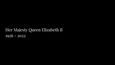 A black background with white text that reads Her Majesty Queen Elizabeth 2nd, 1926 - 2022
